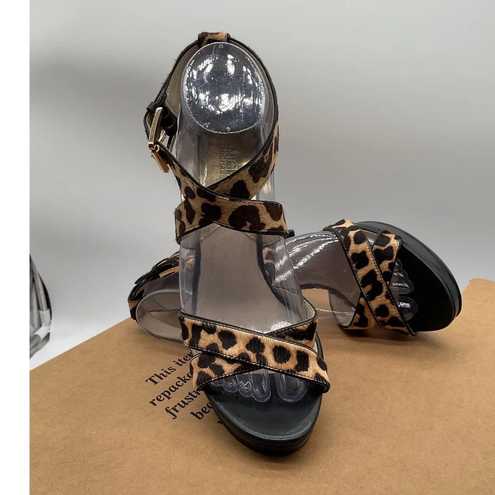 Michael Kors Leopard Calf Hair Platform Sandals Brown‎ Black Stiletto Heels 8M